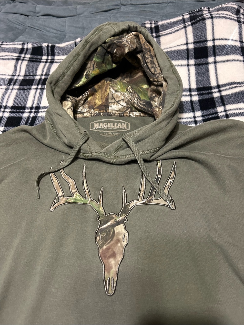 Magellan Outdoors Olive Green Hoodie with Camo Skull Graphic